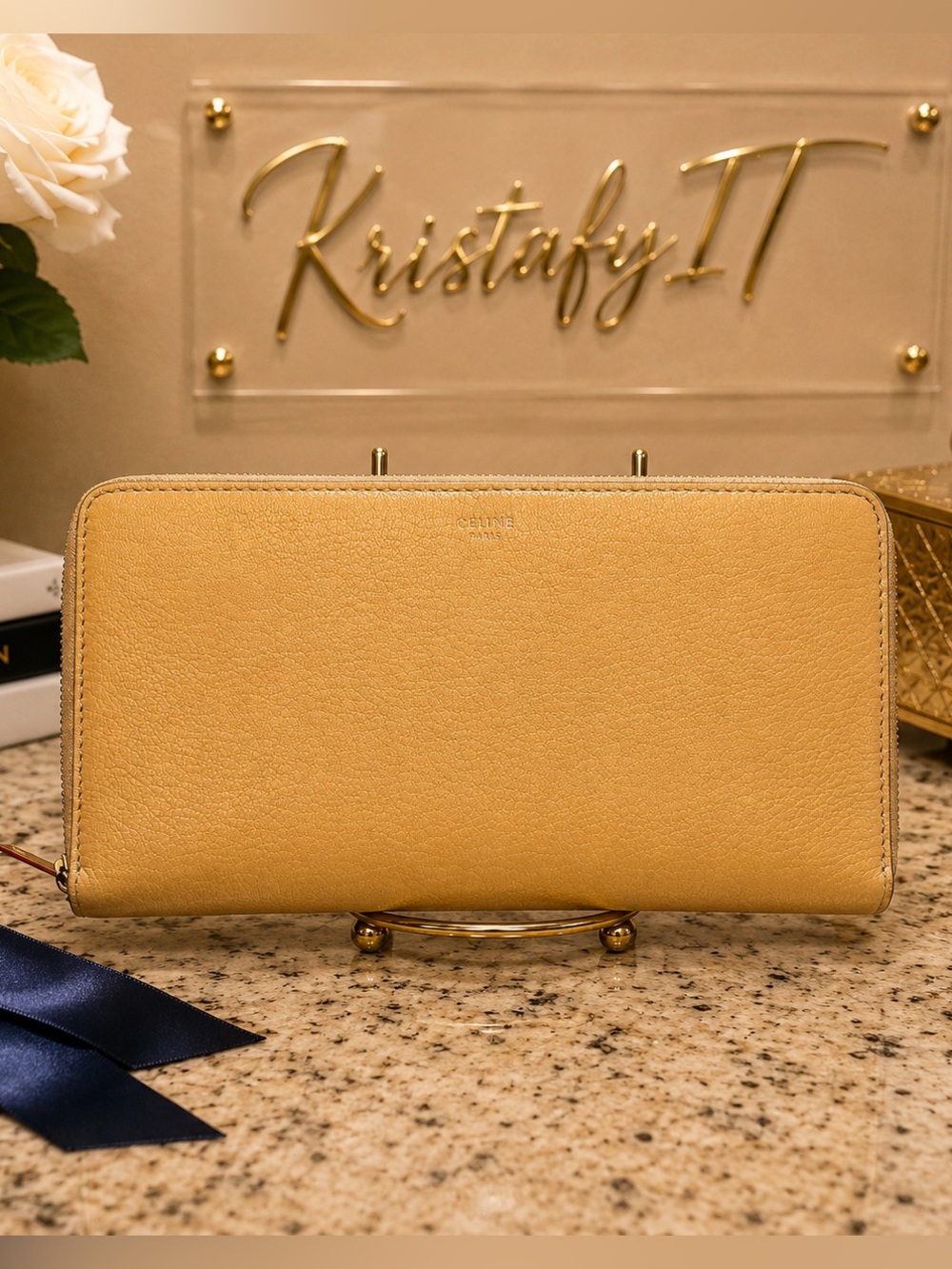 Celine Beige Leather Zip Around Continental Wallet Authentic